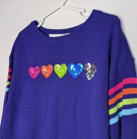 NWT Children's Place Blue Rainbow Striped Sequin Heart Sweater Dress 5/6 - Picture 2 of 7